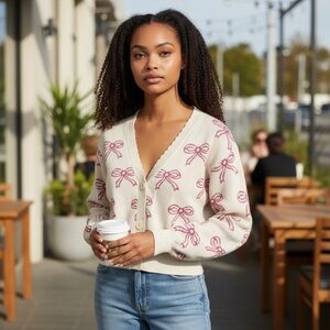Elegant Cream Fancy Coquette Cardigan with Pink Bow Scalloped Design